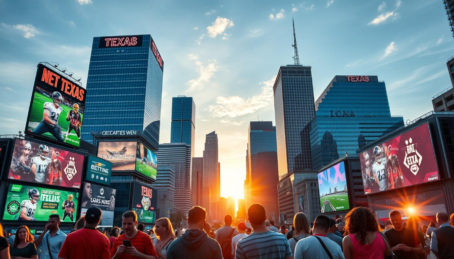 Downtown Texas Sports Betting Billboards at Sunset