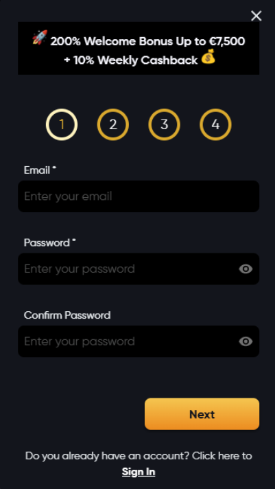 instant casino signup form